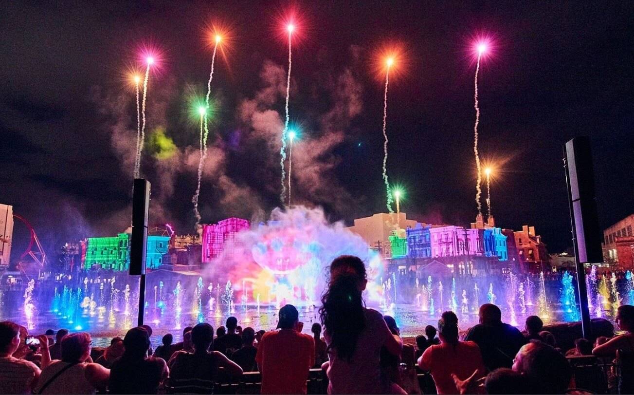 A fireworks display at night in Orlando Universal Studio