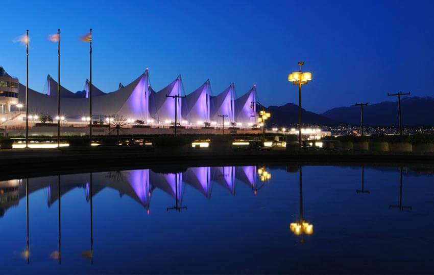 The roof of Canada Place at night.