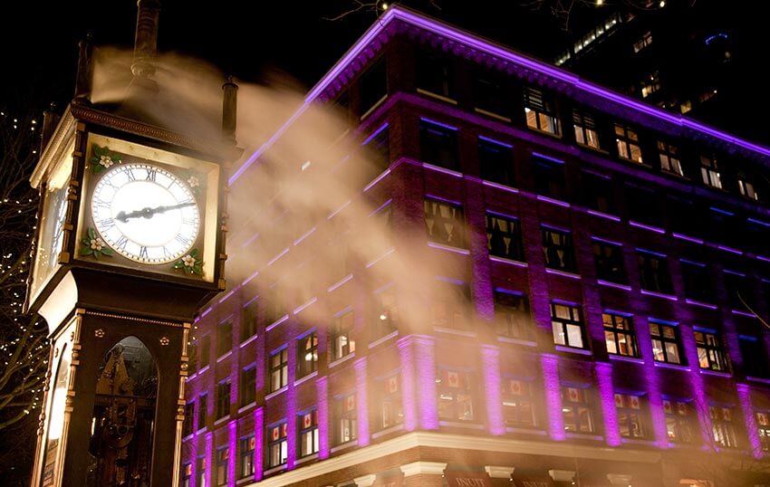 The Gastown Steam Clock at night, Gastown, Vancouver, BC