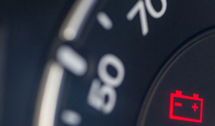 Close-up of battery symbol on car dash.