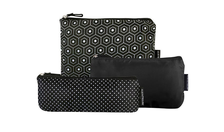 A 3-piece set of Austin House travel pouches in black with white pattern.