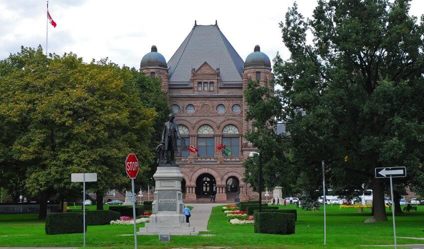 Queens park parliament legislature provincial assembly is in Toronto Ontario.
