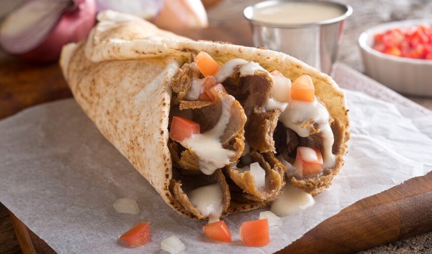 Donair with meat tomatoes and onions.