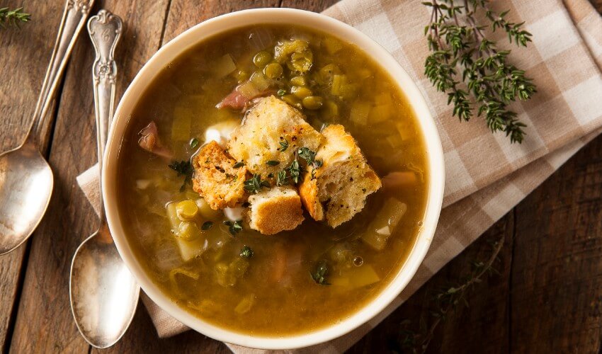 Split pea soup on the dinner table.