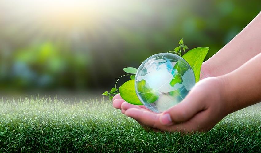 Hands holding leaves and a glass miniature globe on top of green grass.