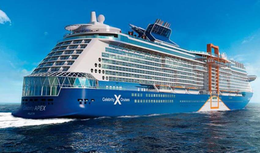 The Celebrity Apex cruise ship sailing in ocean.