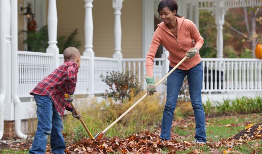 Black mother and son raking leaves.