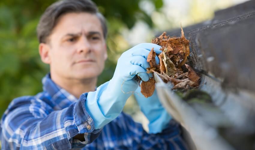 Man clearing leaves off gutter of a house.