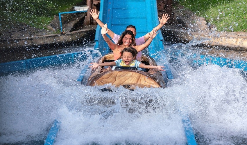 Happy family having fun in an amusement park riding on a fun water ride - lifestyle concepts