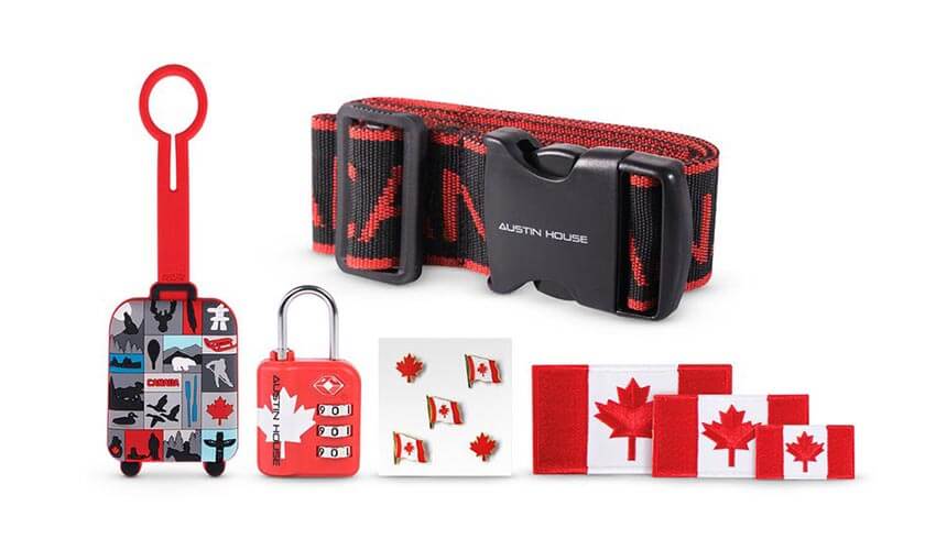 Austin House Canadiana Kit. Your kit includes three iron-on Canada flag patches, luggage strap, rubber luggage tag, five silver pins, and combination padlock with maple leaf.