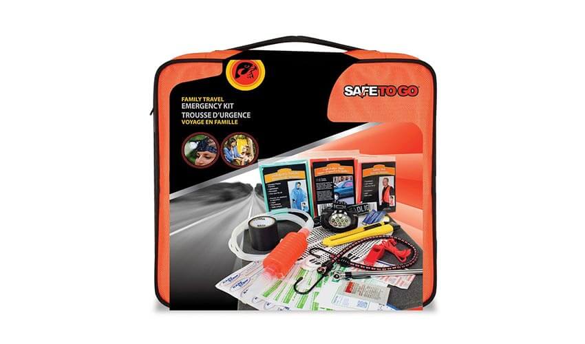 An orange case containing a travel emergency kit.