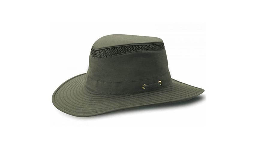 An olive coloured Tilley hiker's hat