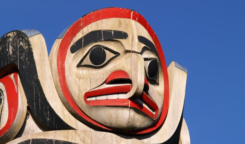 Round totem face in British Columbia.