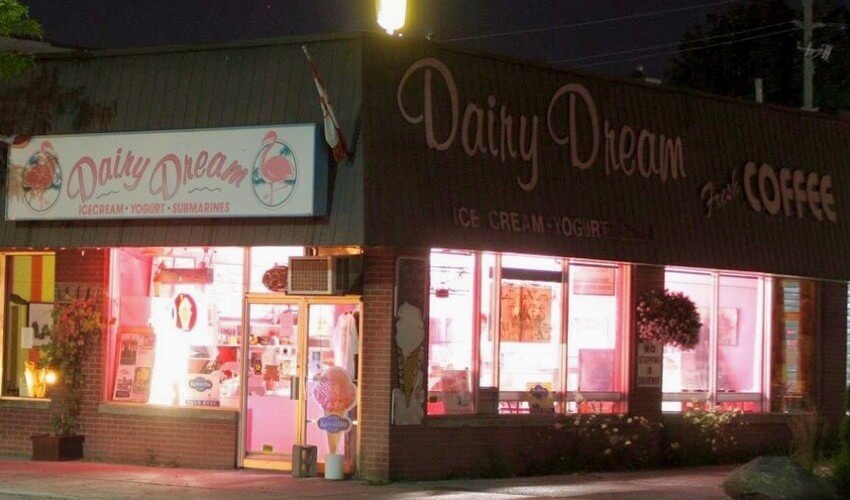 Cotton candy pink light inside Dairy Dream ice cream shop.