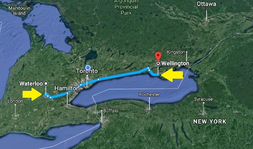 Map showing path from Waterloo to Wellington, Ontario.