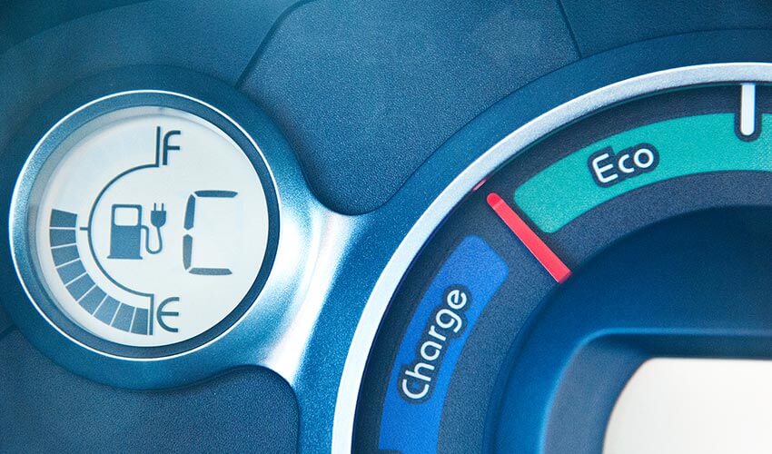 Gauges in an electric vehicle showing the battery level.