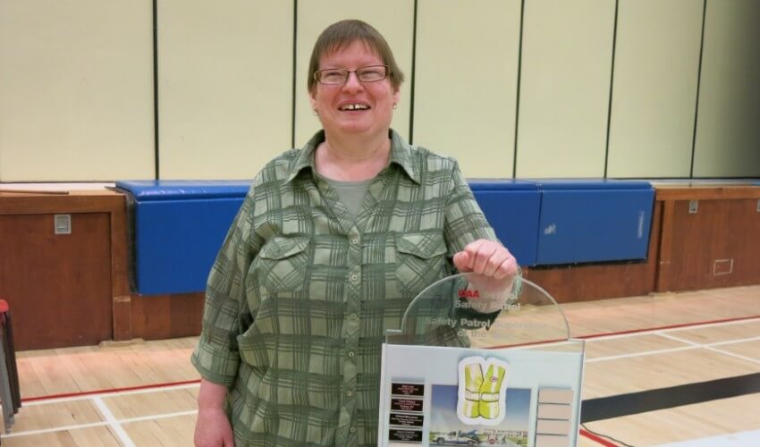 Dianne Chadder, Guelph teacher, holding School Safety Patrol Supervisor of the Year Award.