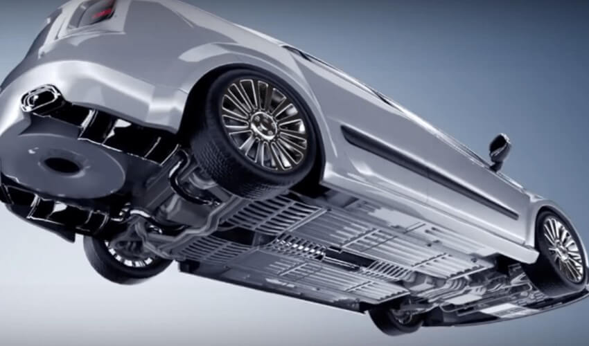 Underbody of a silver car.
