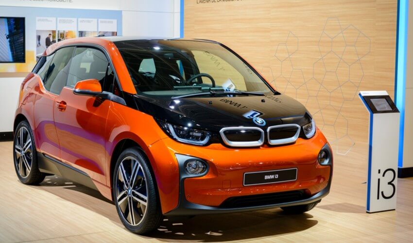 Full electric car BMW i3 on display at the 2014 Brussels motor show.