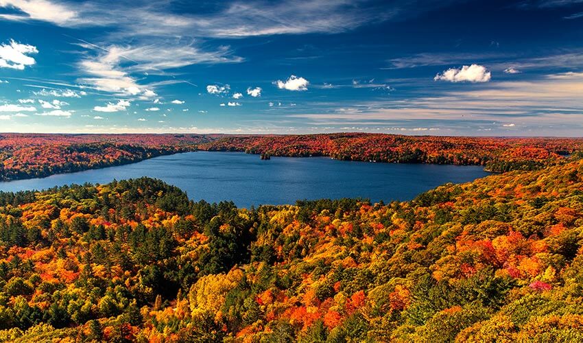 Fall colours surrounding Lake of Bays just outside Algonquin National Park.