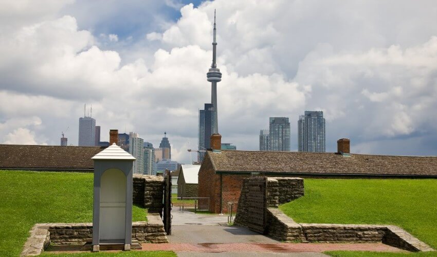Entrance to Fort York in Toronto with the CN Tower in the background.