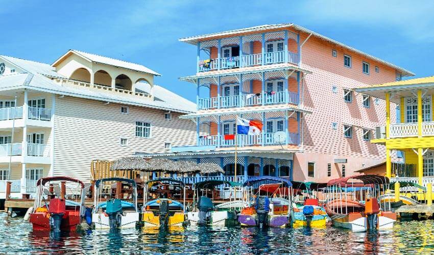 Houses on the sea in Bocas del Toro, Panama.