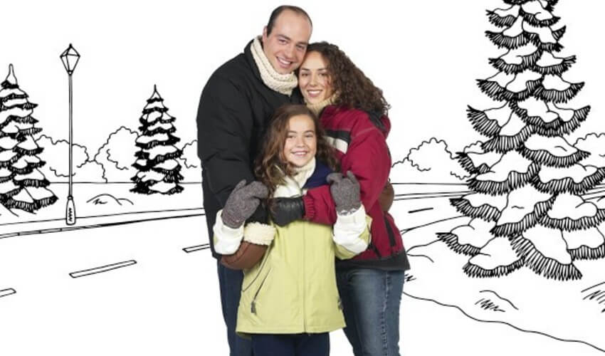 Father, mother and child standing in front of an illustrated winter background.