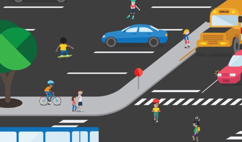A cartoon illustration of a busy intersection.