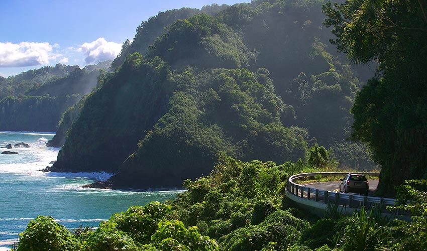 A winding road approaching Hana, Maui.
