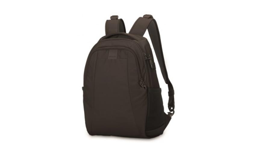 A black Metrosafe backpack.