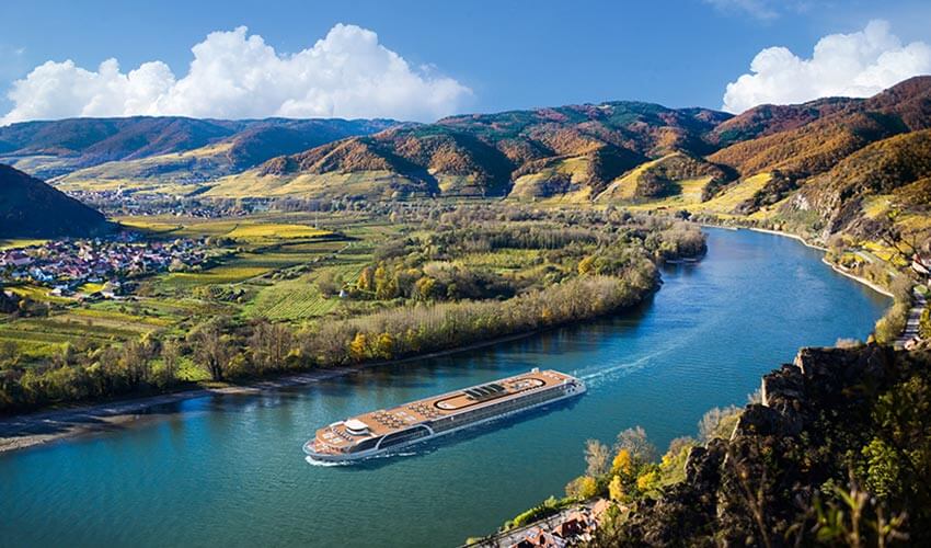 AmaMagna river cruise ship sailing the Danube River.