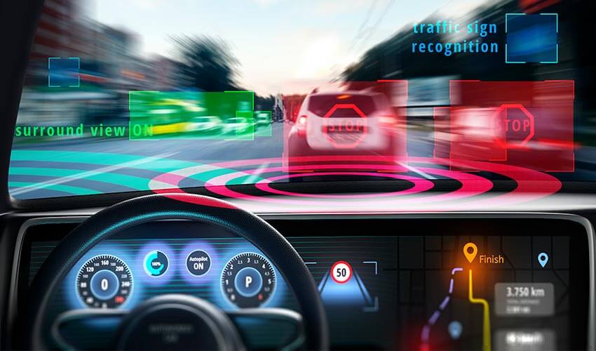 Illustration of a futuristic cockpit of self-driving car.