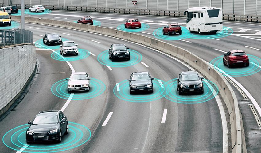 Illustration and photo of a autonomous self-driving cars driving on a highway.