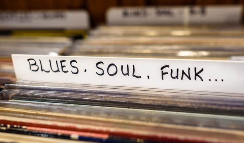 Blues, soul, funk records on display.