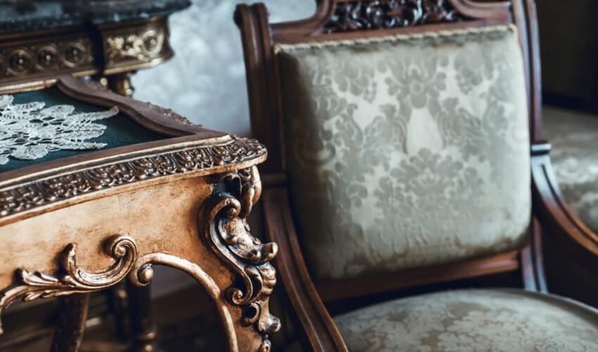 Close-up details of a vintage chair and table. 