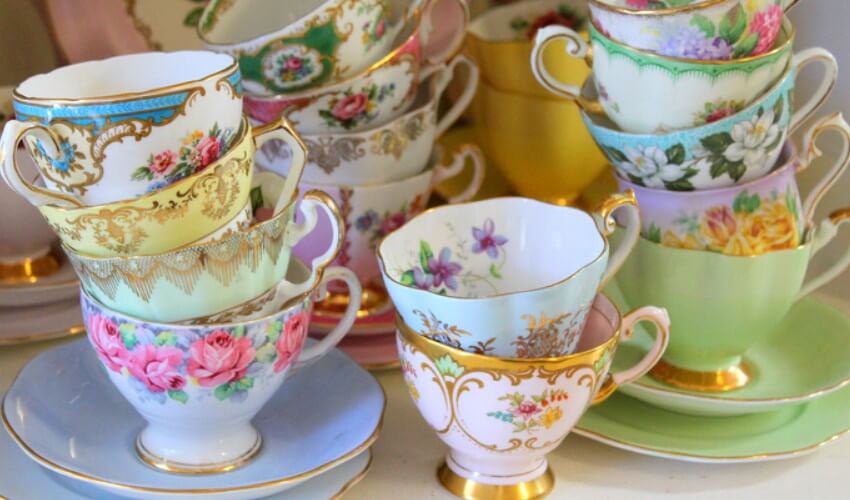 Colourful antique tea cups.