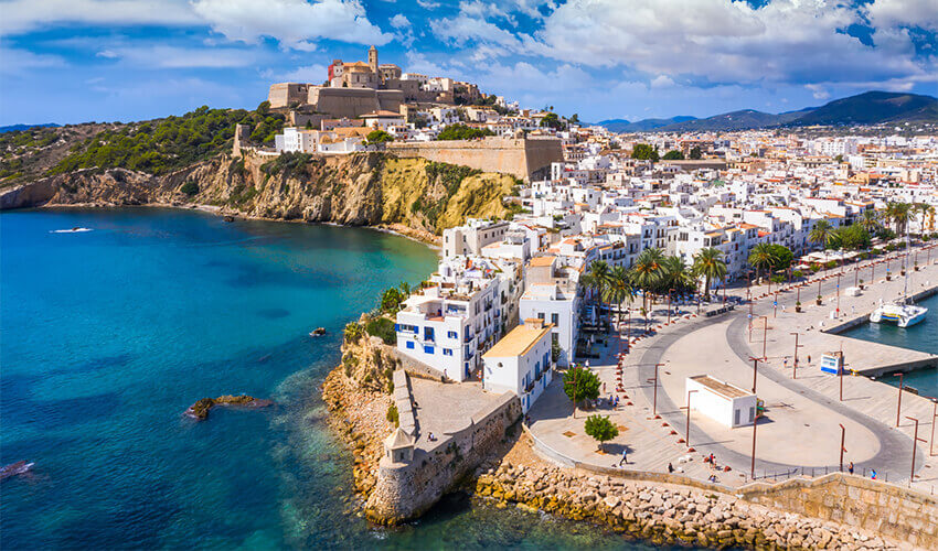 Aerial view of Ibiza town, Castell de Eivissa, Balearic Islands, Spain.