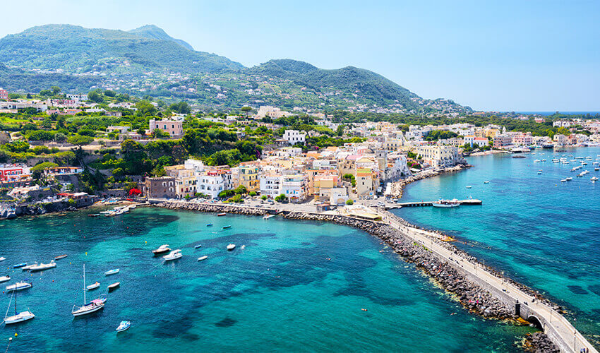 Aerial view of Ischia island, at the Gulf of Naples, Italy.