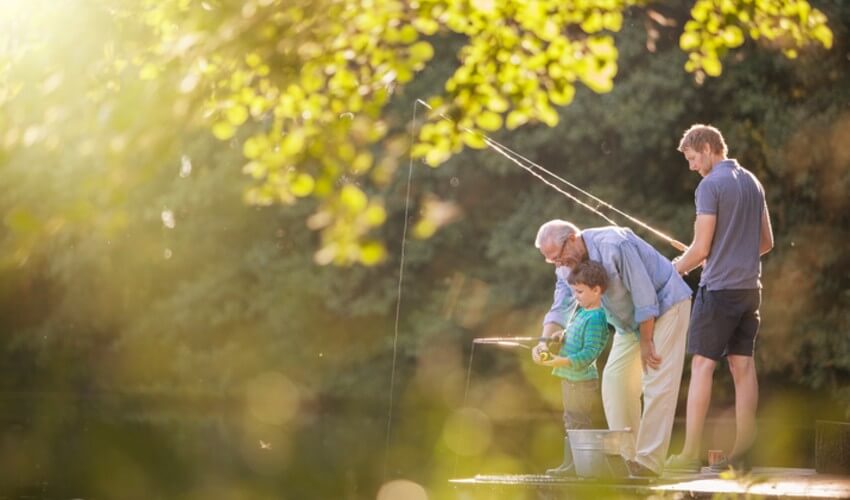Grandfather, son and grandson fishing together.