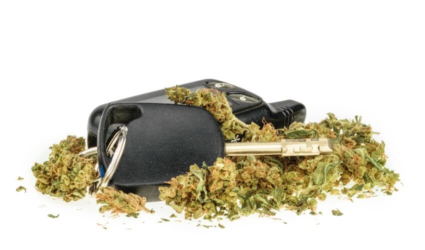 Marijuana and car key on a white background.