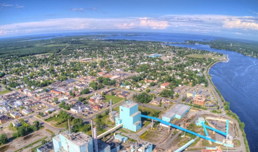 Aerial view of Fort Frances, Canadian border town in Northern Ontario.