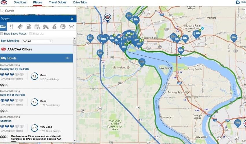 Map detailing routes and hotels from the TripTik® Travel Planner.
