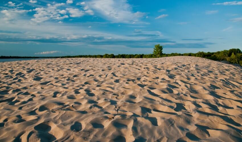 Sand along the water edge at Sandbanks Provincial Park.