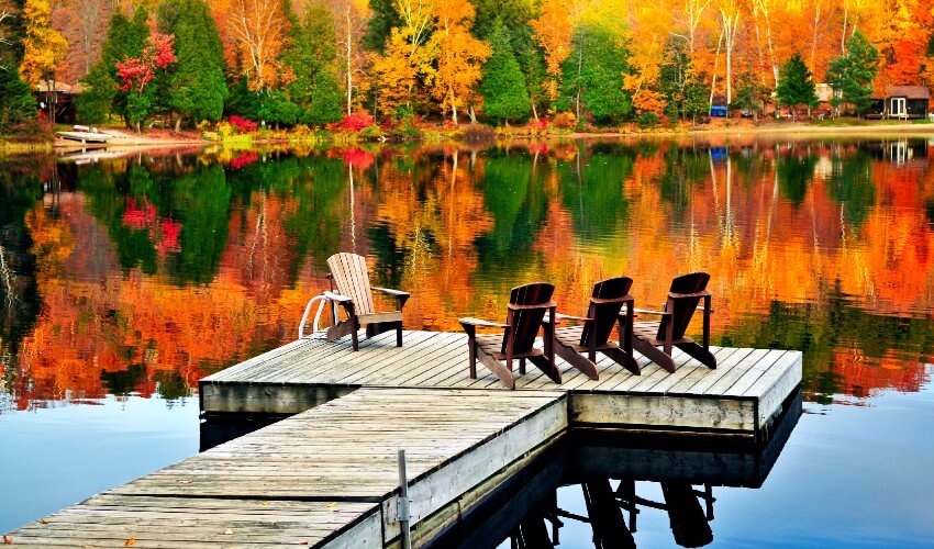 Muskoka chairs overlooking a tranquil lake that mirrors autumn foliage.