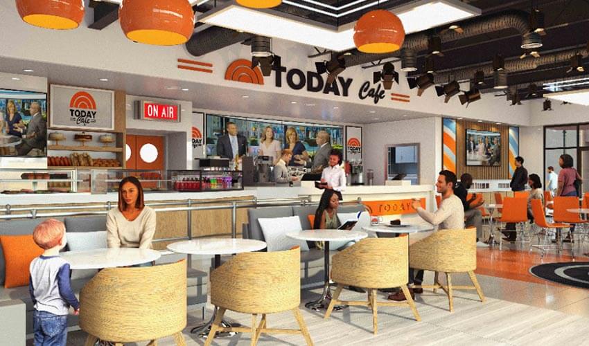 View of the Today Cafe, with a white and orange interior.