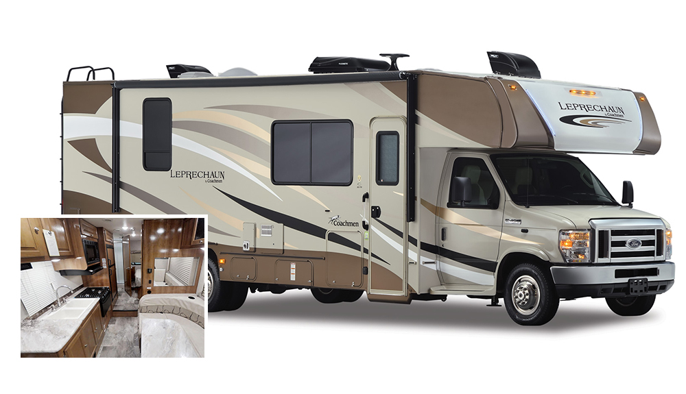 Beauty shot of dark and light brown Coachmen Leprechaun RV on white with snapshot of interior kitchen and seating area