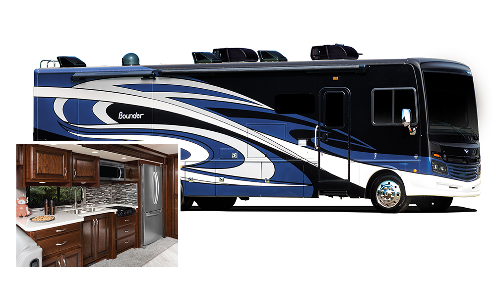 Beauty shot of dark blue, black and white Fleetwood Bounder RV on white with snapshot of dark wood interior kitchen featuring full-sized refrigerator