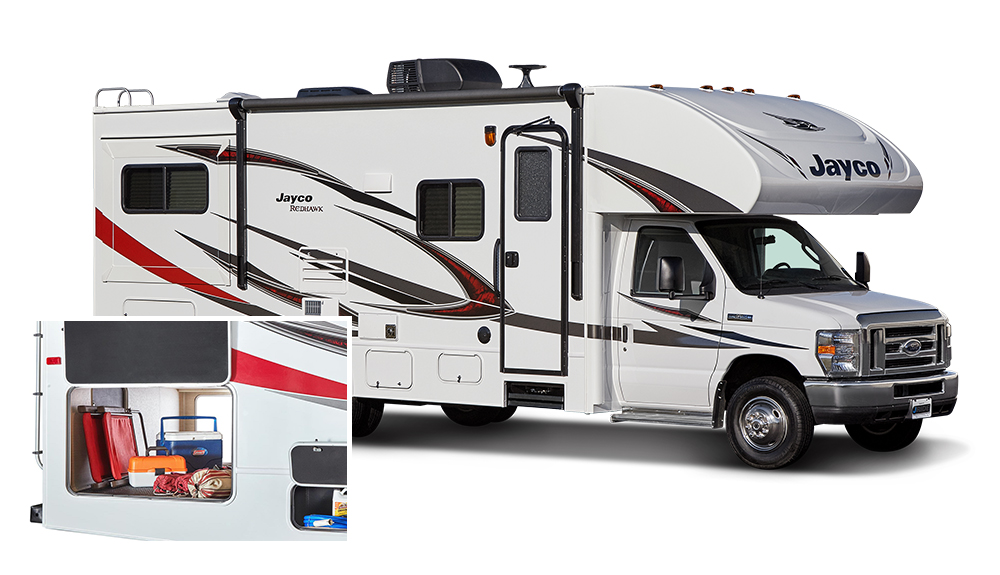Beauty shot of white Jayco Redhawk 25R RV on white with snapshot of exterior storage panel