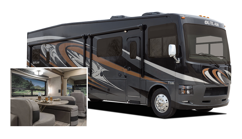 Beauty shot of Thor Outlaw RV on white with snapshot of interior dining area