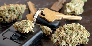 A key fob is shown with cannabis buds next to it